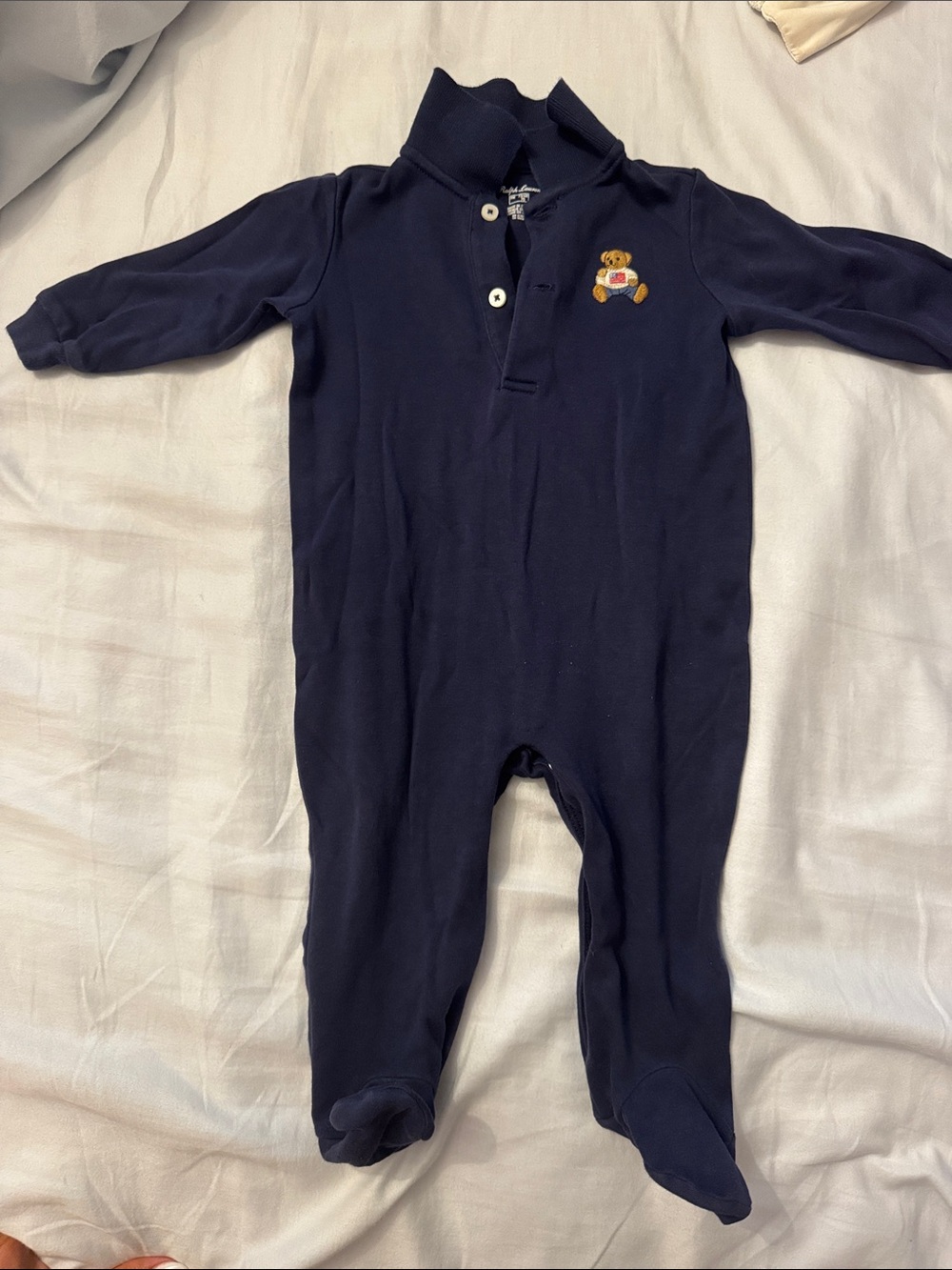 Ralph Lauren Polo Bear Navy Footed One-Piece for baby - 9 months - worn once